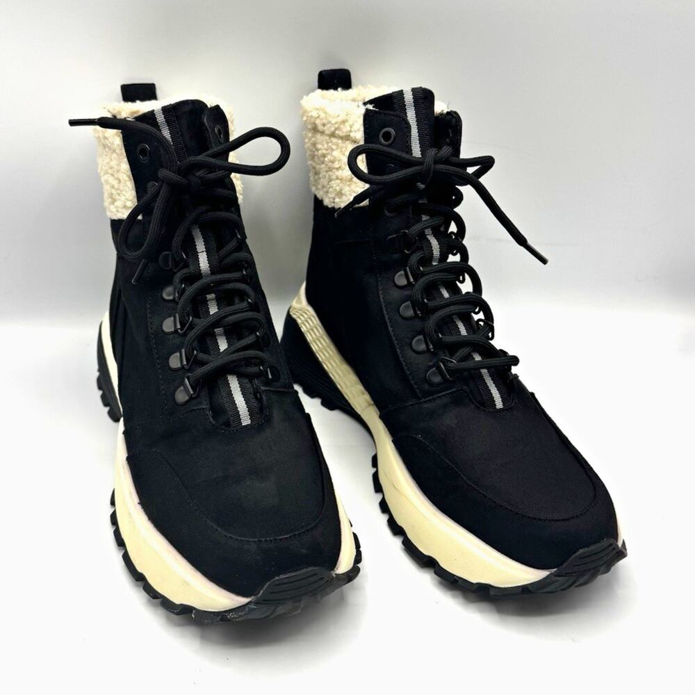 Kensie Crown Sneaker Boots Womens 10 Black Faux Sherpa Lace Up Side Zip Lug